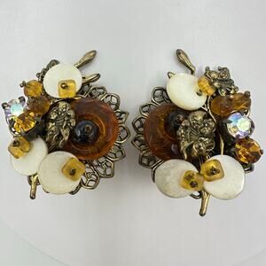 Alice Caviness vintage gold tone glass beads AB rhinestones MoP clip on earrings